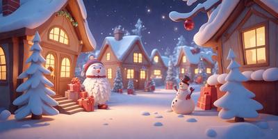 Primary subject: A snowman with a Santa hat standing in front of a house.

Setting/background: The scene takes place in a snowy village with houses and trees in the background.

Visual style: The image is a digital art or illustration of a snowman and Santa.

Colors and mood: The image is predominantly white, with the snowman and Santa adding a touch of color and festive atmosphere.